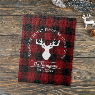 Red and Black Buffalo Plaid Family Name Jigsaw Puzzle