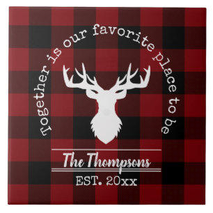 Red and Black Buffalo Plaid Farmhouse Family Name Tile