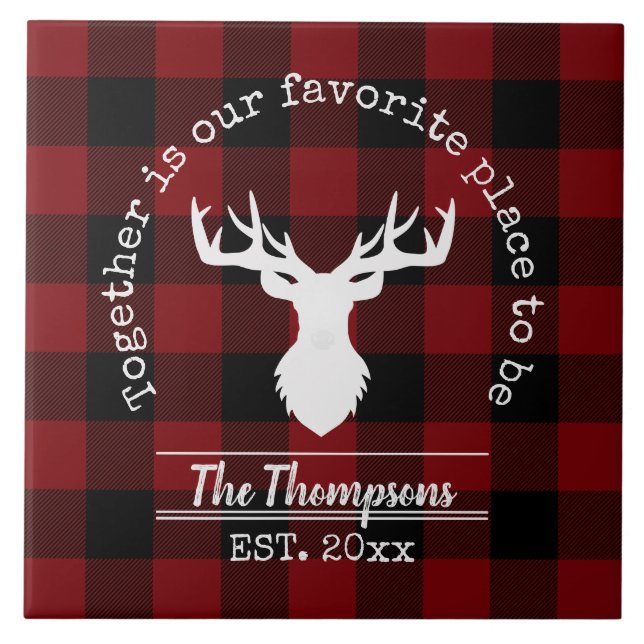 Red and Black Buffalo Plaid Farmhouse Family Name Tile (Front)