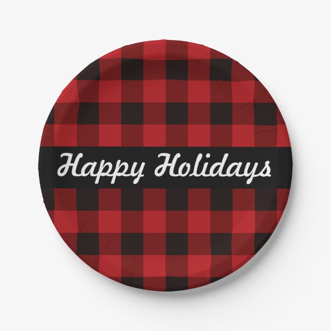 Red and Black buffalo plaid, happy holidays Paper Plate (Front)
