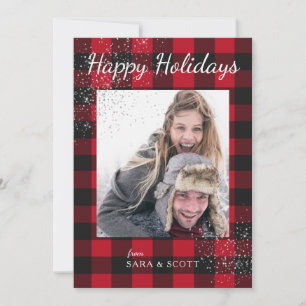 Red and Black Buffalo Plaid Happy Holidays Photo Holiday Card