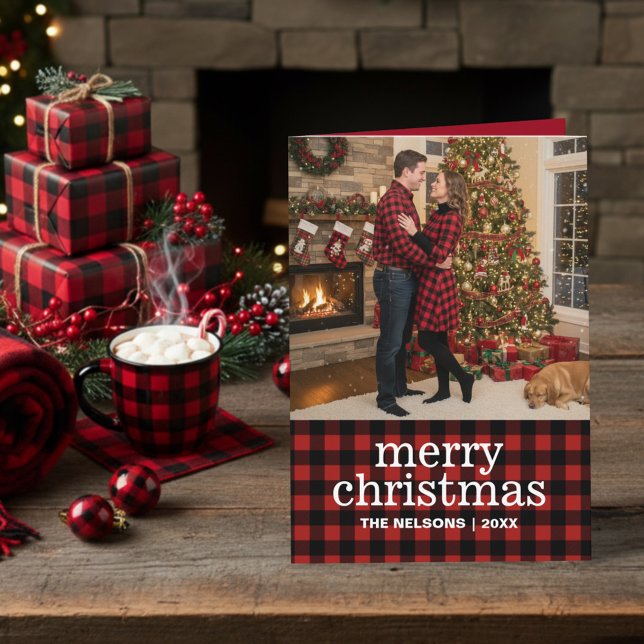 Red and Black Buffalo Plaid Merry Christmas Photo  Holiday Card (Creator Uploaded)