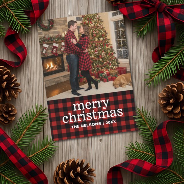 Red and Black Buffalo Plaid Merry Christmas Photo  Holiday Card (Creator Uploaded)