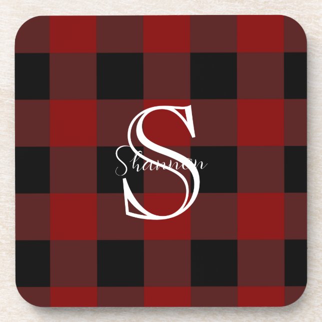 Red and black buffalo plaid monogram coaster (Front)
