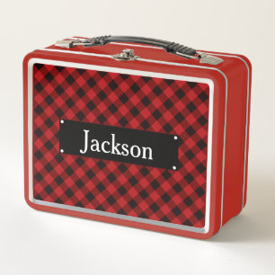 Red and Black Buffalo Plaid Monogram Metal Lunch Box