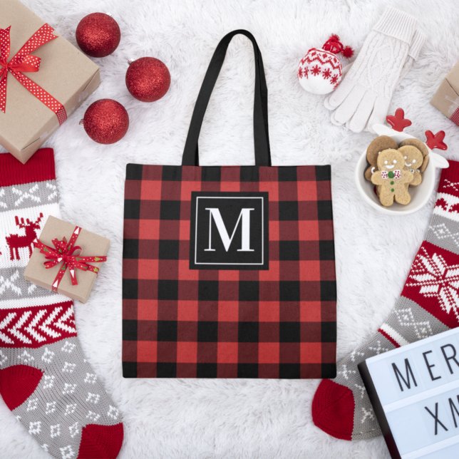 Red and Black Buffalo Plaid Monogram Tote Bag (Creator Uploaded)