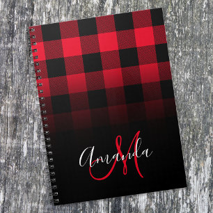 Red and Black Buffalo Plaid Ombre Monogram Notebook