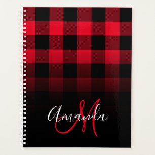 Red and Black Buffalo Plaid Ombre Monogram Planner
