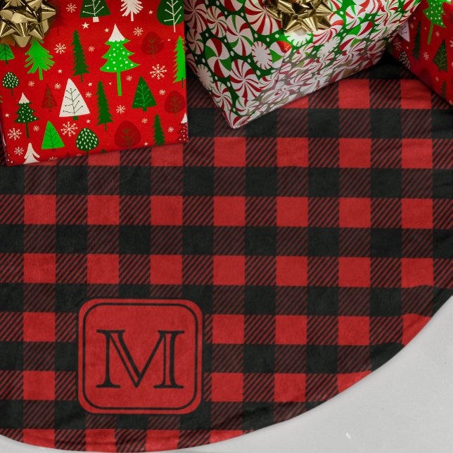 Red and Black Buffalo Plaid Personalised Monogram Brushed Polyester Tree Skirt (Creator Uploaded)