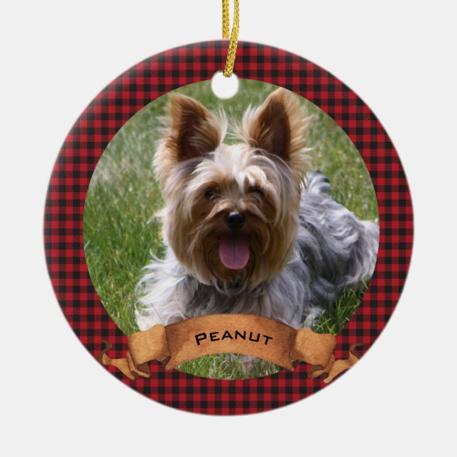 Red and Black Buffalo Plaid Pet Photo Ceramic Tree Decoration (Front)