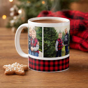 Red and Black Buffalo Plaid Photo Collage Holiday Coffee Mug
