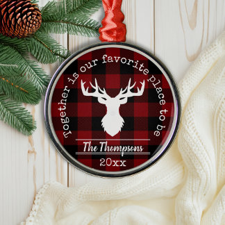 Red and Black Buffalo Plaid Reindeer Family Name Metal Tree Decoration