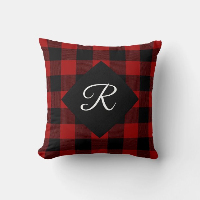 red and black Buffalo Plaid with monogram Cushion (Front)