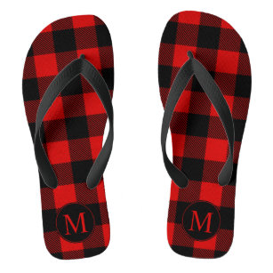 Red and Black Buffalo Plaid with Monogram Jandals