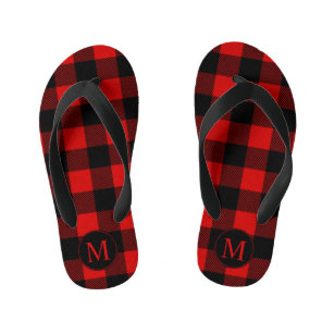 Red and Black Buffalo Plaid with Monogram Kid's Jandals