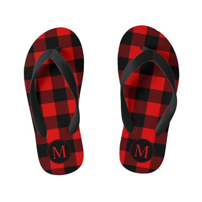 Red and Black Buffalo Plaid with Monogram Kid's Jandals (Footbed)