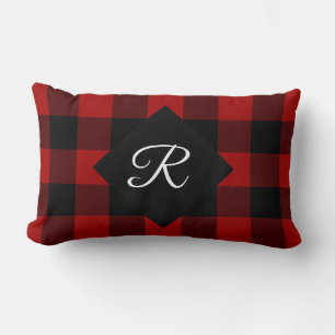 red and black Buffalo Plaid with monogram Lumbar Cushion