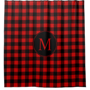Red and Black Buffalo Plaid with Monogram Shower Curtain