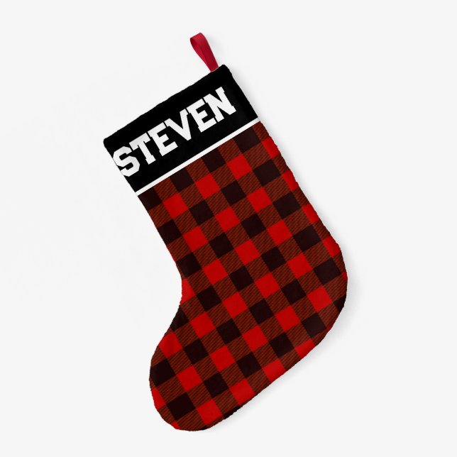 Red and Black Buffalo Plaid with Name Small Christmas Stocking (Back (Hanging))