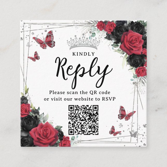 Red and Black Butterflies Quinceanera RSVP QR Code Enclosure Card (Front)