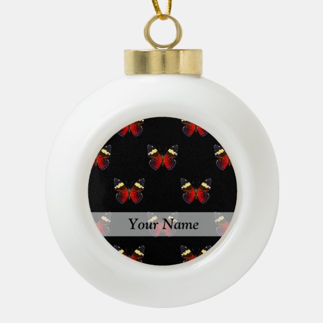 Red and black butterfly pattern ceramic ball christmas ornament (Front)
