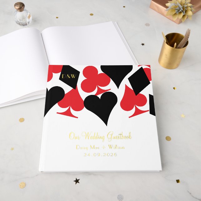 Red and Black Card Suits Las Vegas Wedding Guest Book (Front Open)