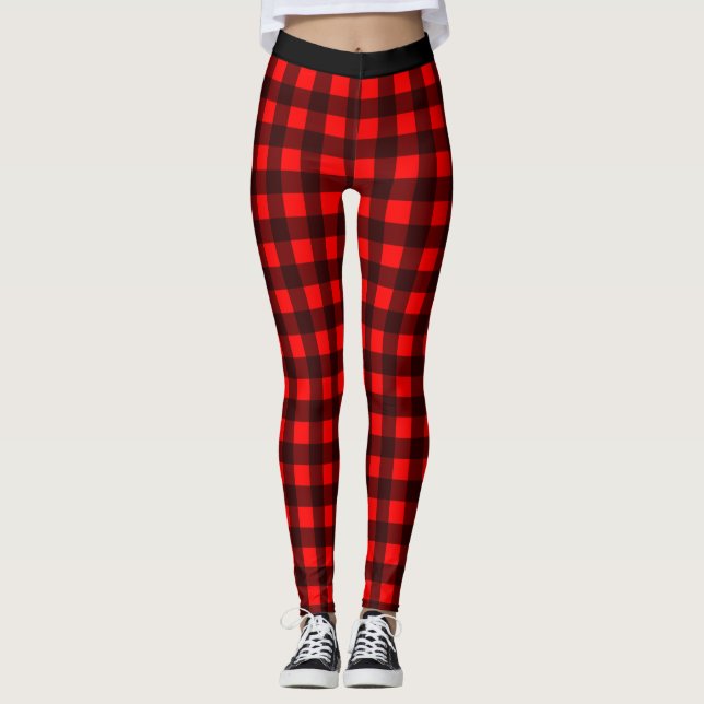 Red and Black Check Buffalo Plaid Leggings (Front)