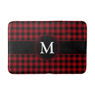 Red And Black Checks Plaid Personalised Monogram Bath Mat