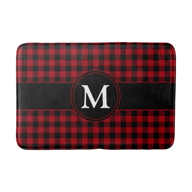 Red And Black Checks Plaid Personalised Monogram Bath Mat (Front)