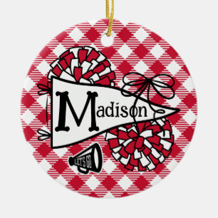 Red and Black Cheer Pennant Gingham Personalised Ceramic Tree Decoration