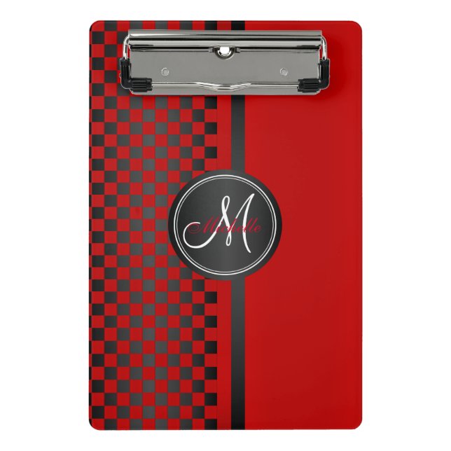 Red and Black Chequerboard - Monogram Mini Clipboard (Front)