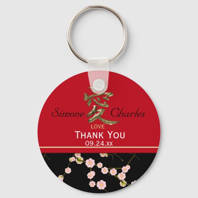 Red and Black Cherry Blossoms Wedding Favour Key Ring (Front)