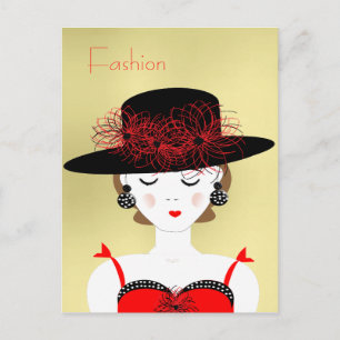 Red and Black Chic Fashion Lady Illustration Postcard