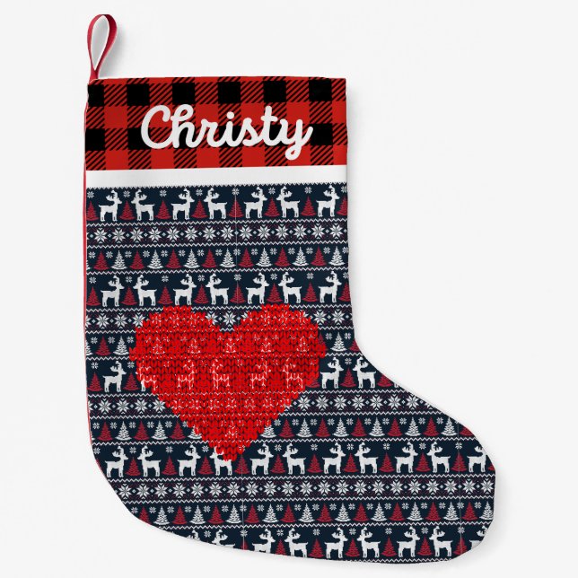 Red and black christmas family rustic plaid check small christmas stocking (Front)