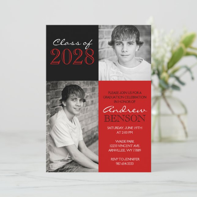 Red and Black Classic 2 Photo Graduation Invitation (Standing Front)