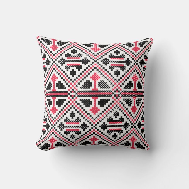 Red and Black cross-stitch Retro Pattern Cushion (Front)