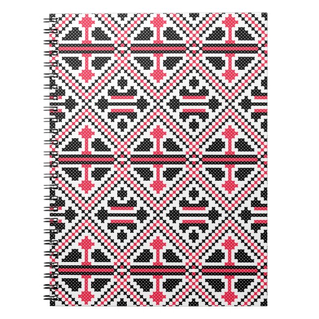 Red and Black cross-stitch Retro Pattern Notebook (Front)