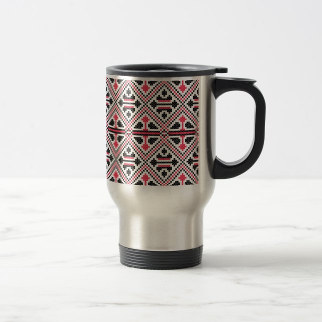 Red and Black cross-stitch Retro Pattern Travel Mug (Right)