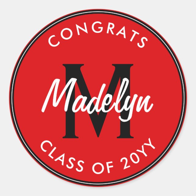 Red and Black Custom Graduation Classic Round Sticker (Front)