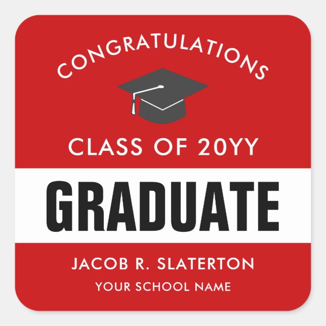 Red and Black Custom Graduation Square Sticker (Front)