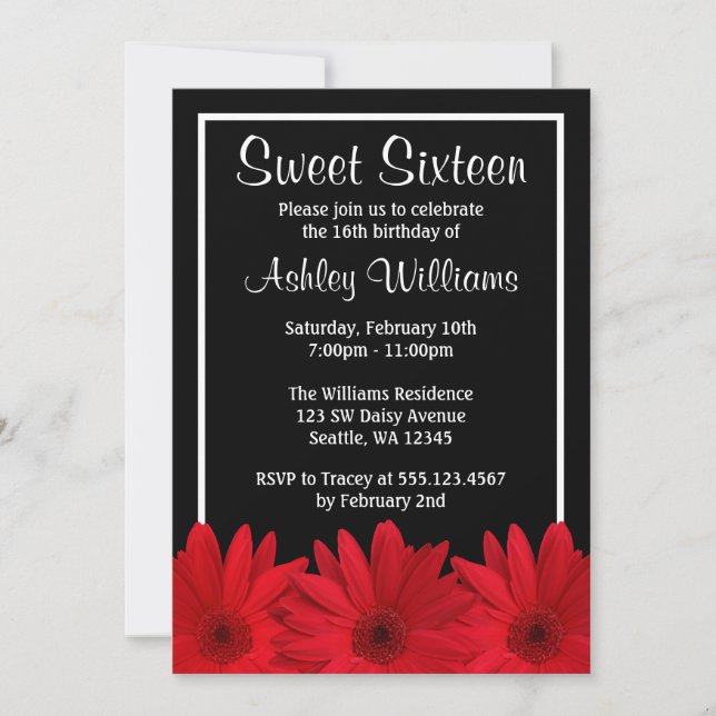 Red and Black Daisy Sweet 16 Invitations (Front)