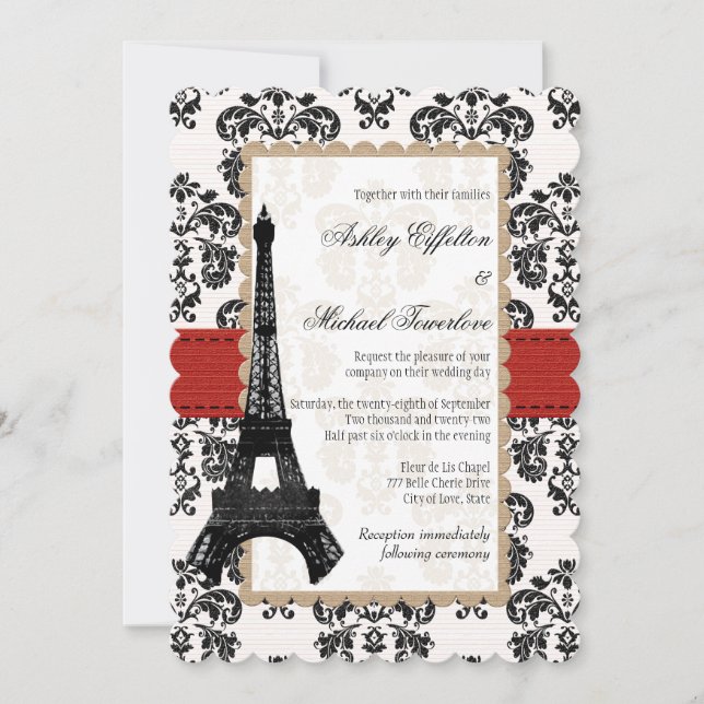Red and Black Damask Eiffel Tower Wedding Invitation (Front)