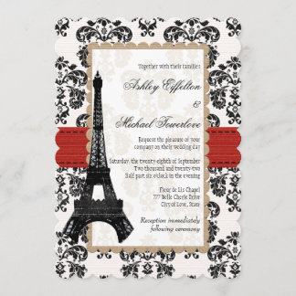 Red and Black Damask Eiffel Tower Wedding Invitation