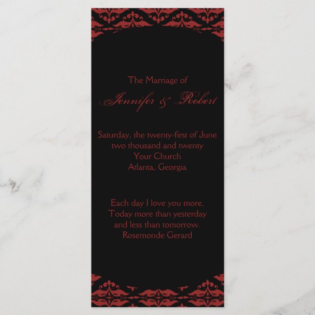 Red and Black Damask Gothic Wedding Program Programme (Front)