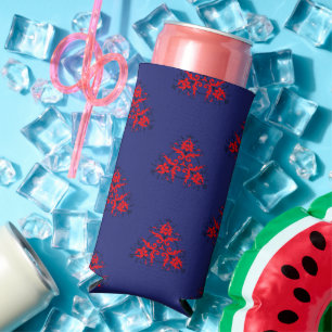 Red and black damask pattern blue seltzer can cooler