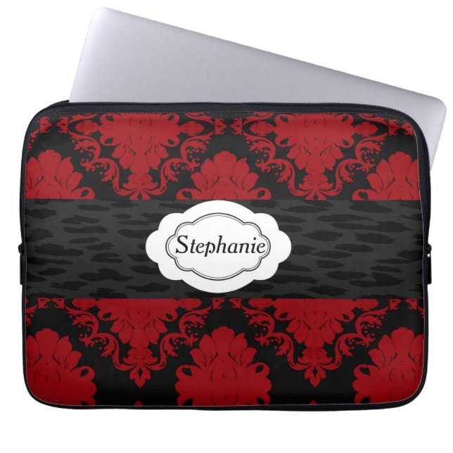 Red And Black Damask Personalised Laptop Sleeve (Front)