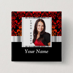 Red and black damask photo template 15 cm square badge