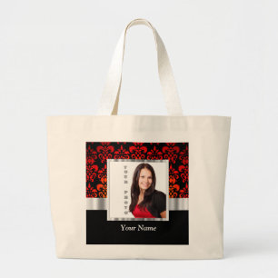 Red and black damask photo template large tote bag