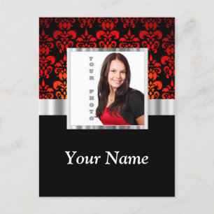 Red and black damask photo template postcard