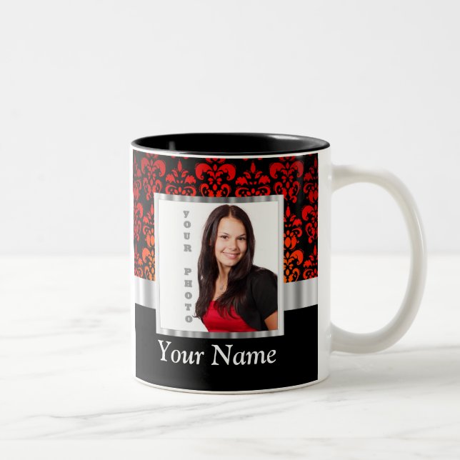 Red and black damask photo template Two-Tone coffee mug (Right)